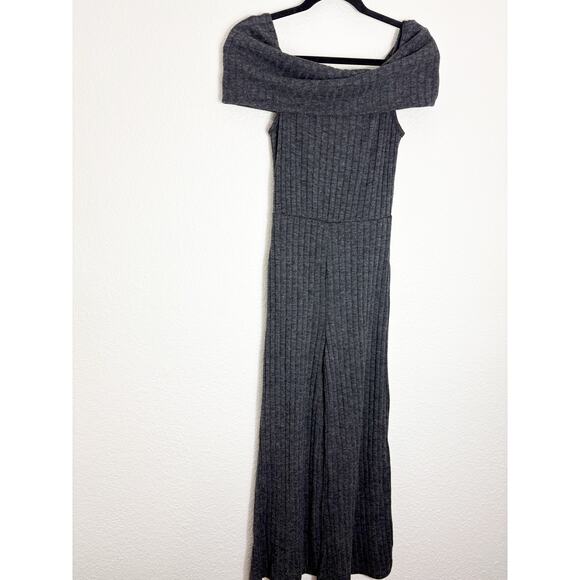 Lulus Always Styling Charcoal Grey Off-the-Shoulder Ribbed Jumpsuit Size Small - Picture 3 of 14
